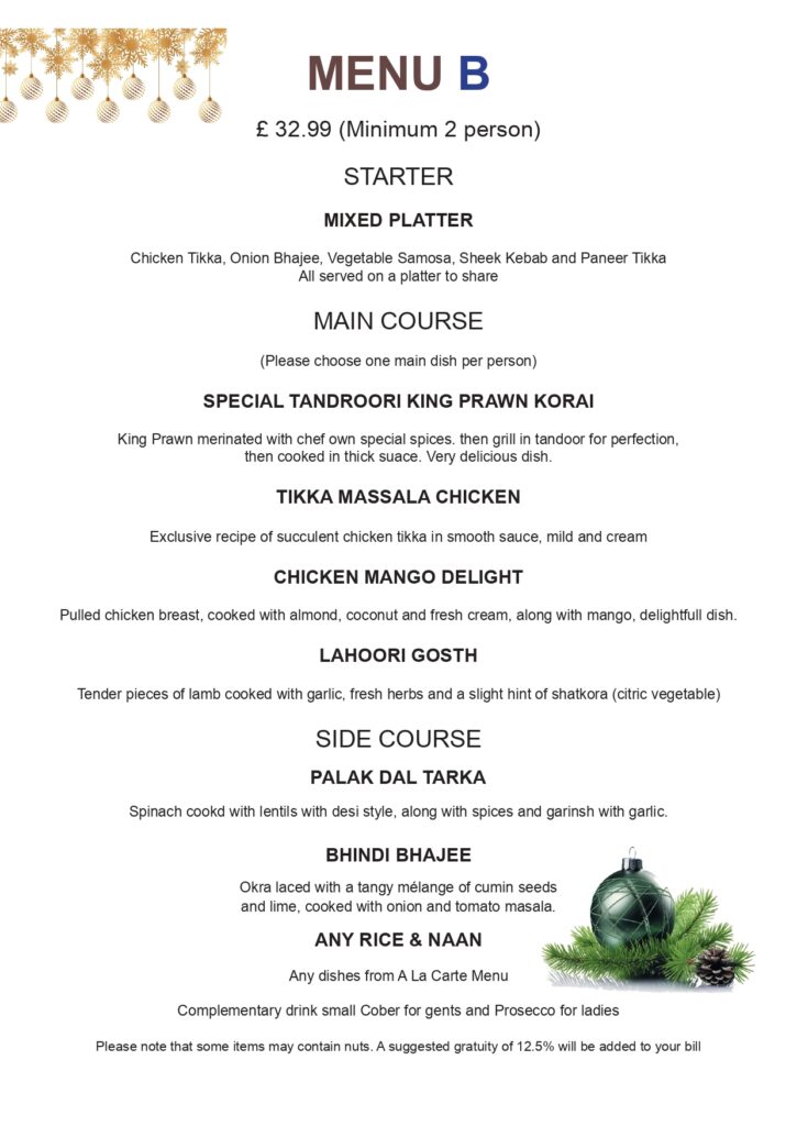 A festive menu for the Christmas party is presented, highlighting various seasonal dishes and beverages.