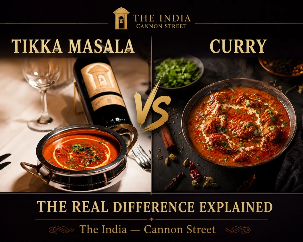 Side-by-side comparison of curry and chicken tikka masala showing the difference between the two dishes