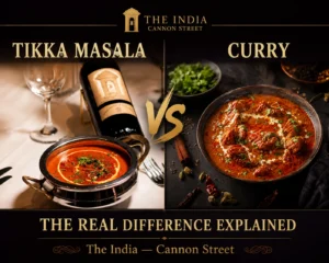Side-by-side comparison of curry and chicken tikka masala showing the difference between the two dishes